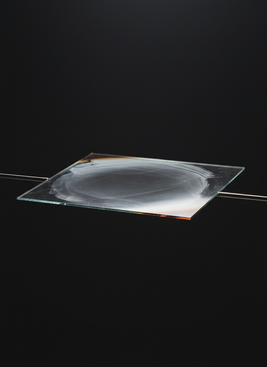 A meticulously prepared sheet of collodion glass shimmers with barely-there silvery reflections and the faintest whispers of hand-coating marks, set against a stark matte-black backdrop with almost invisible seams. The glass is balanced on two elegant steel supports, with hints of amber and smoke grey along its edges. Soft, cool raking light from the left glances delicately across the plate, revealing minute textures and producing gentle, elegant gradients from highlight to shadow, with a distinct sense of atmosphere. The composition is highly minimalist, empty space comprising much of the frame. Photographed close-up from a low angle to accentuate the glass’s planar quality and evoke sophisticated abstraction, echoing the artist’s materially focused photographic methodologies.