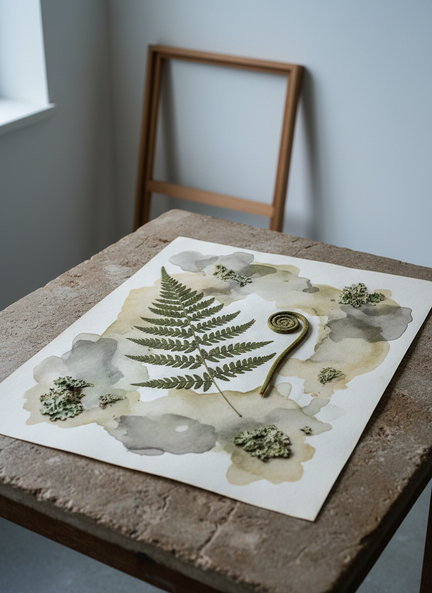 Elegant botanical specimens—a pressed fern, an unfurling koru, and lichen fragments—arranged delicately on a large sheet of aged, hand-prepared photographic paper. The paper bears faint phytogram and lumen traces, with smoky grey, earthy greens, and pale ochre markings in ghostly, layered abstractions. The arrangement is set on a weathered stone tabletop in a studio with minimal furnishings; only the subtle hint of a wooden frame leans in the background. Gentle, cool studio light washes softly over the scene, creating quiet highlights and blurred shadows that give the artwork depth without harshness. Framed in a classic rule-of-thirds composition and shot at eye level, the image emanates calm and quiet sophistication. The style is minimalist and naturally photographic, spotlighting the artist’s exploration of ecological processes.