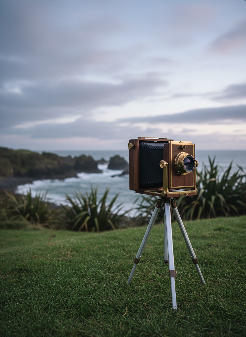 A large-format camera constructed from oiled timber and brushed brass hardware sits on a slender steel tripod, placed on a grassy knoll overlooking the rugged coastline of Taranaki. Jagged volcanic rocks and flax plants are visible beyond, rendered in gentle, misty focus. The late afternoon light is filtered by cloud, producing a cool, muted luminance with subtle gradients in the sky and landscape. The mood is quietly contemplative, honoring both technological craft and connection to place. The image is captured from a three-quarter view with shallow depth of field, positioning the camera as the focal point and the distant horizon blurred behind it. The composition is minimalist and clean, with refined photographic detail and an understated sophistication, embodying the artist’s blend of tradition and innovation.