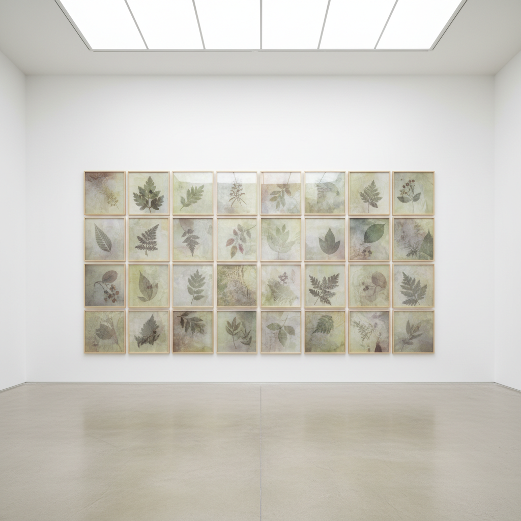 A refined installation view in a spacious white-walled gallery, featuring a grid of large photographic prints mounted edge-to-edge without frames. Each print presents abstract, gently layered images evocative of ecological traces—subtle silhouettes of native flora, soft root network imprints, and muted earth tones fading into pale greys. The prints hover slightly off the wall, casting soft, diffuse shadows on the painted surface. The space is lit by even, natural skylight, which creates a tranquil, meditative quality. The camera captures the scene in sharp focus from a straight-on, wide perspective, emphasizing negative space and the symmetry of the arrangement. The overall effect is sophisticated, minimalist, and photographic, highlighting the interplay of ancestral memory and landscape in the artist’s practice.